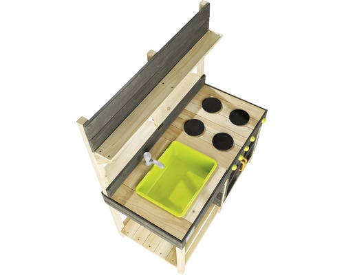 Spielküche aus Holz mit Spüle und Herdplatten