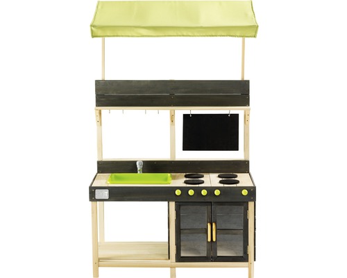 Spielküche aus Holz mit Stoffdach, Spüle und Kochfeld