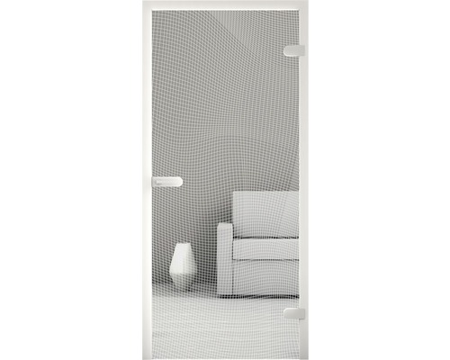 Porte moustiquaire avec grillage de protection contre les insectes devant une scène de salon