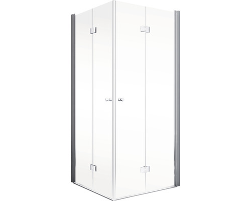 Douche d''angle avec portes en verre transparent et cadre