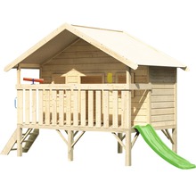 Spielhaus aus Holz mit Rutsche und Leiter