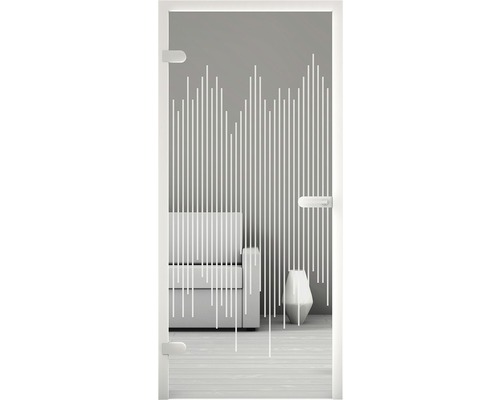 Glastür mit linearem Dekor in einem hellen Interieur mit Sofa und Vase