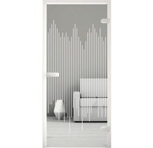 Porte en verre avec design linéaire devant un salon