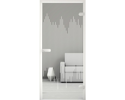 Porte en verre avec design linéaire devant un salon