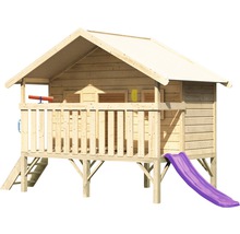 Holzspielhaus mit Rutsche und Stelzen