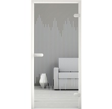 Porte en verre avec décor linéaire et ferrures dans un espace de vie