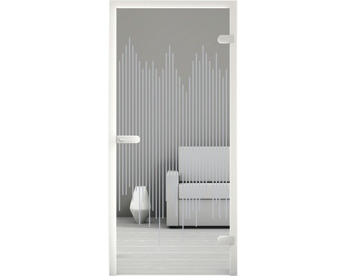 Porte en verre avec décor linéaire et ferrures dans un espace de vie