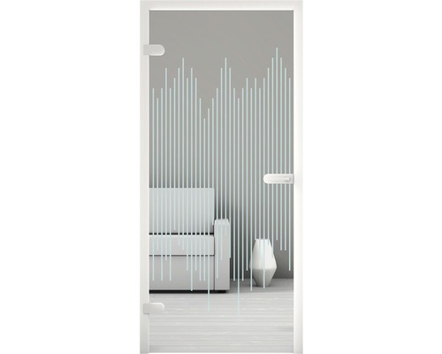 Zimmertür aus Glas mit Streifenmuster vor Sofa und Vase