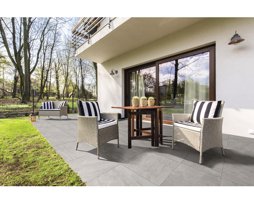 Dalle de terrasse en grès cérame fin Alpen Grigio bord rectifié 81 x 81 x 2 cm