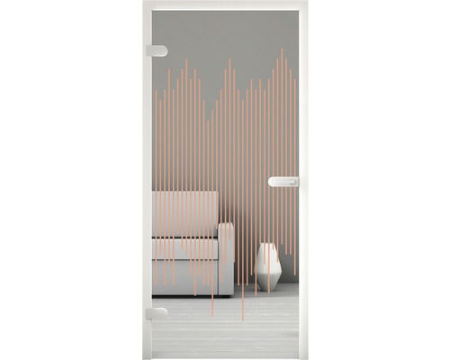 Glastür mit linearem Dekor vor Wohnzimmereinrichtung