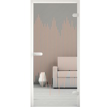 Porte en verre avec motif à rayures dans un espace de vie