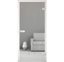 Porte en verre avec motif à rayures devant un salon