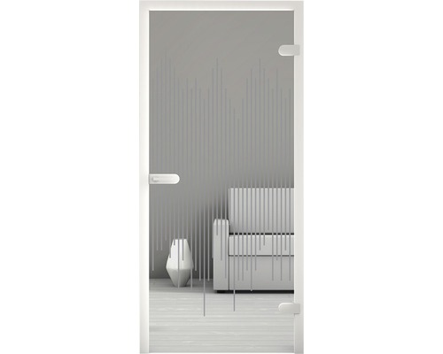 Porte en verre avec motif à rayures devant un salon