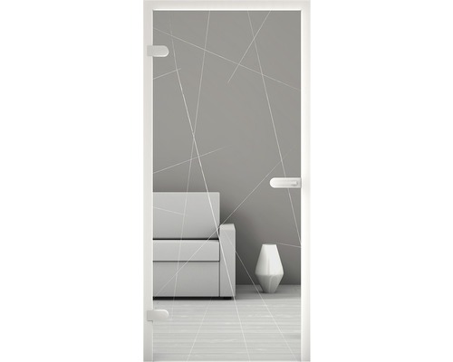 Zimmertür aus Glas mit linearem Muster, die ein minimalistisches Interieur zeigt