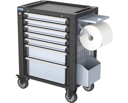 Werkstattwagen mit sieben Schubladen, Papierrollenhalter und Abfallbehälter