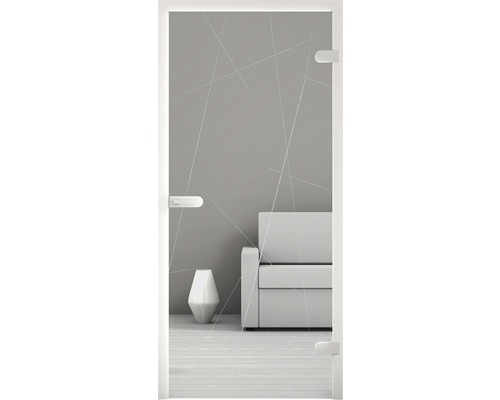 Glastür mit Linienmuster vor einem Wohnzimmer