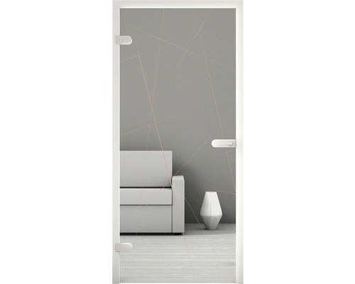 Glastür mit abstraktem Muster vor Wohnzimmerambiente