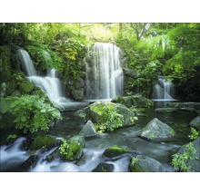 Wasserfall in einem Garten mit Steinen und Pflanzen