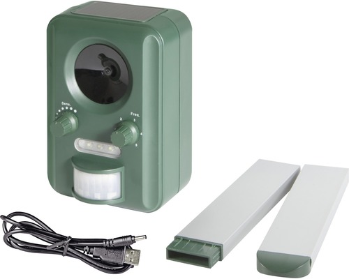 Tiervertreiber mit Solarpanel, USB Kabel und zwei Batterien