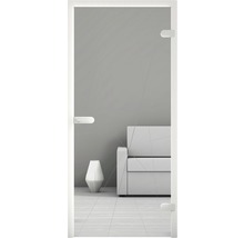 Porte en verre avec cadre et poignée blancs dans un intérieur minimaliste