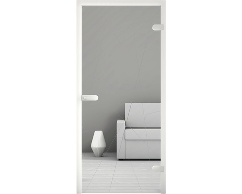 Porte en verre avec cadre et poignée blancs dans un intérieur minimaliste