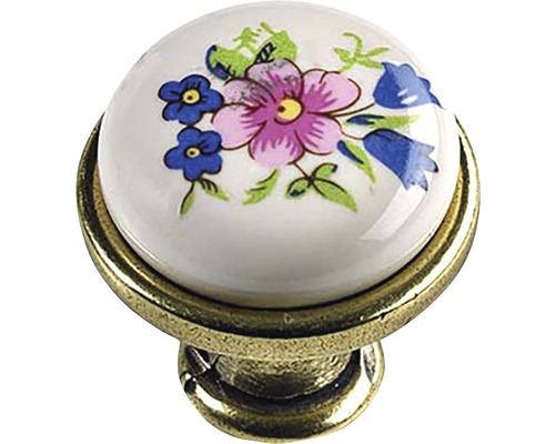 Bouton de meuble en zinc moulé sous pression/porcelaine blanc/bruni décor fleurs Øxh 27,5/25,5 mm