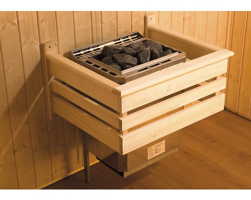 Grille de protection du poêle pour sauna Weka 60x48 cm en bois Poêle de sauna avec pierres dans un habillage en bois sur un mur en bois