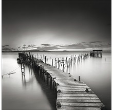 Holzsteg im Wasser mit ruhiger, atmosphärischer Szenerie