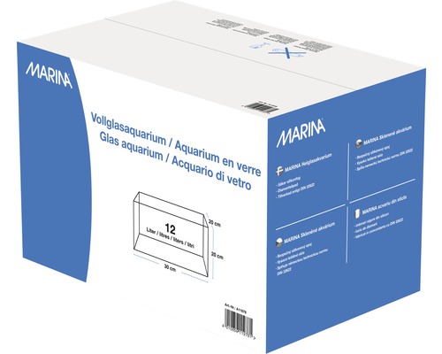 Marina Vollglasaquarium Verpackung mit Größenangabe