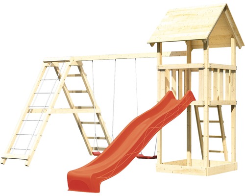 Spielturm aus Holz mit Rutsche, Schaukel und Kletterleiter für den Garten