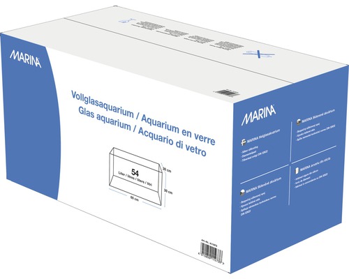 Emballage d''un aquarium entièrement en verre Marina d''une capacité de 54 litres et de dimensions 60 sur 30 sur 30 centimètres