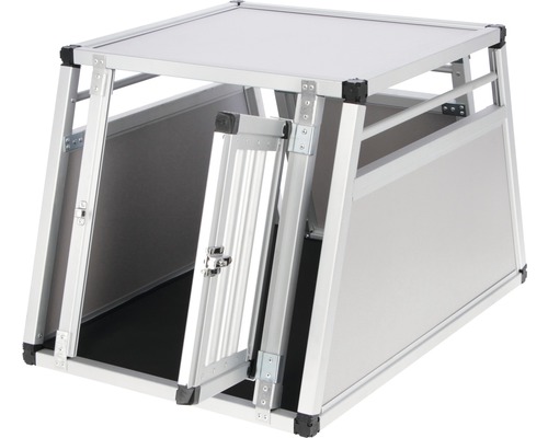 Cage pour chien en aluminium avec porte ouverte