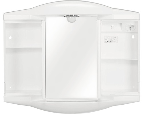Armoire de toilette blanche ouverte avec étagères et prise