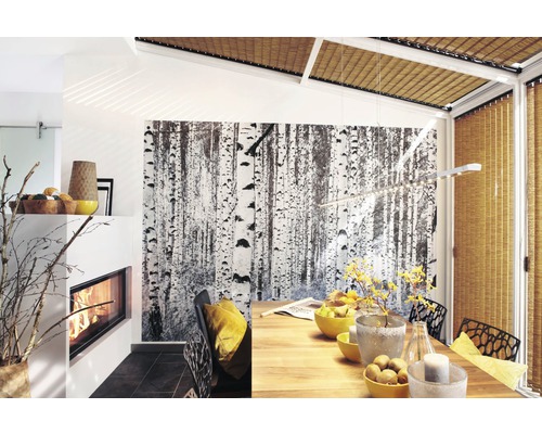 Helles Esszimmer mit Kamin, Holztisch und Birkenwald-Tapete