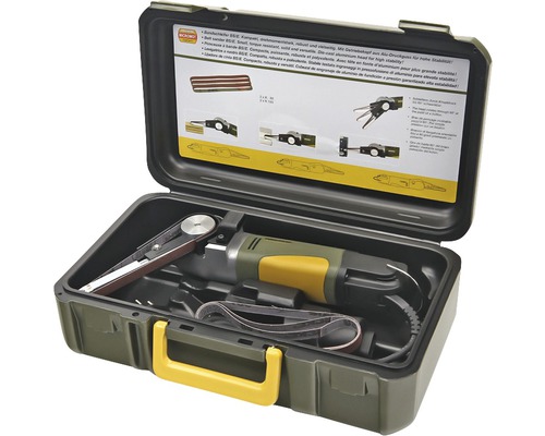 Bandschleifer in einem grünen Werkzeugkoffer mit gelbem Griff.