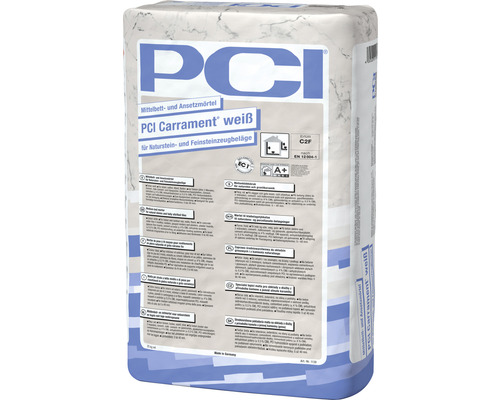 Mortier de pose et en couche moyenne PCI Carrament® pour revêtements en pierre naturelle blanc C2FE 25 kg Sac de mortier-colle et de pose en couche épaisse PCI Carrament weiß pour pierres naturelles et revêtements en grès cérame