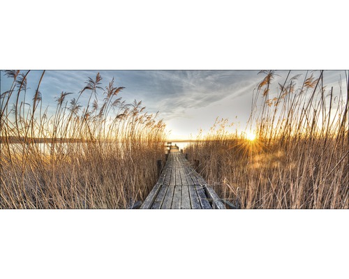 Passerelle en bois à travers les roseaux jusqu''à un lac au coucher du soleil