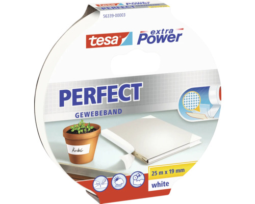 Ruban toilé tesa extra Power Perfect blanc 25 m x 19 mm Ruban toilé Tesa Extra Power Perfect, 25 m x 19 mm, blanc