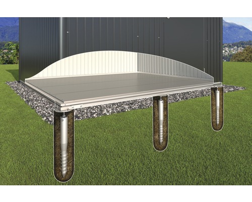 Illustration eines Gartenhauses auf einem Fundament mit Schraubfundamenten