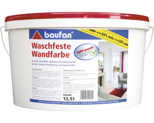 Peinture murale résistante au lavage Baufan blanc 12,5 l Peinture murale lessivable Baufan en seau de 12,5 litres