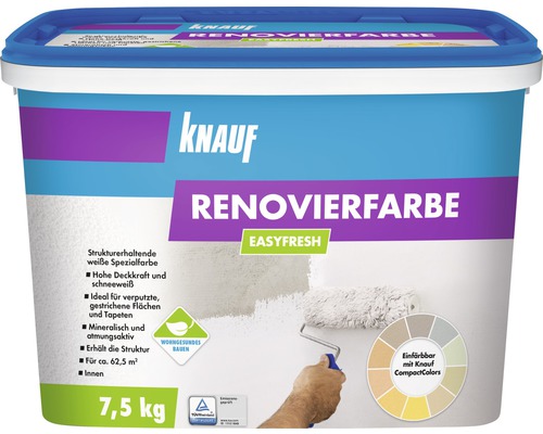 Peinture de rénovation Knauf EASYFRESH blanc neige 7,5 kg Seau de peinture de rénovation d''intérieur Knauf avec un contenu de 7,5 kilogrammes