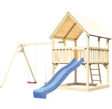 Spielturm AKUBI Luis Holz mit Sandkasten, Doppelschaukel, Rutsche blau