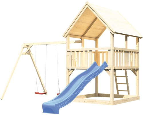 Spilltuerm mat Schaukel a Rutsch aus Holz