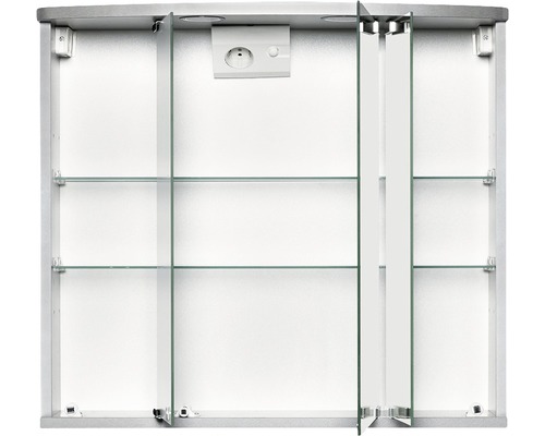 Offener Spiegelschrank mit Glasböden und Steckdose