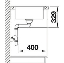 Dessin technique d''un évier avec garniture d''écoulement et indications de mesure.