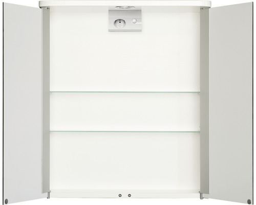 Geöffneter Spiegelschrank mit zwei Glasböden und Steckdose