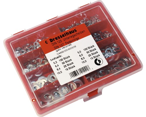 Assortiment de rondelles et de rondelles-ressort DIN 125, DIN 127 zinguées, 380 pces Assortiment de rondelles et de rondelles-ressort DIN 125, DIN 127 zinguées, 380 pces