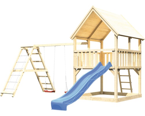 Spielturm aus Holz mit Rutsche, Schaukel und Kletterleiter