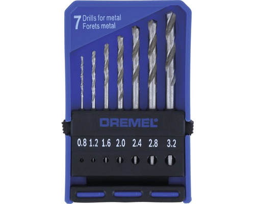 Jeu de forets de précision Dremel Ø 0,8 / 1,2 / 1,6 / 2,0 / 2,4 / 2,8 / 3,2 mm (628) Jeu de forets à métaux Dremel, sept pièces, de 0.8 millimètre à 3.2 millimètres