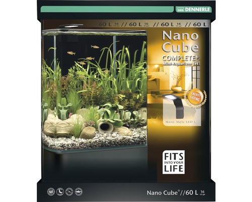 Aquarium DENNERLE Nano Cube Complete+ 60 l avec éclairage LED, substrat, filtre, paroi arrière, thermomètre